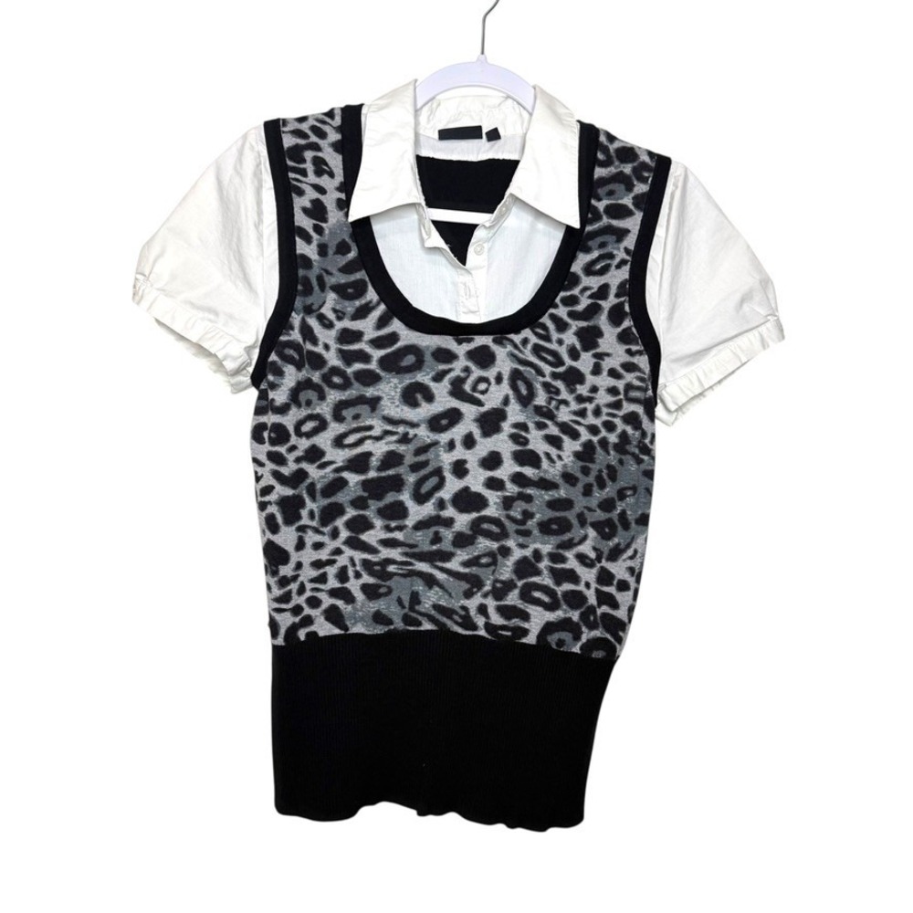 Apt 9‎ Leopard Print Sweater Vest Top Layering Gray Black Women L Y2K Clueless